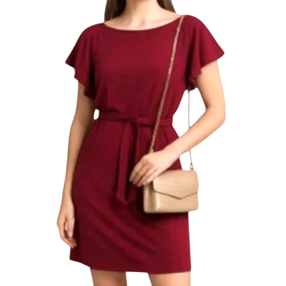 CALVIN KLEIN Maroon Red Dress SHIFT w/TIE BELT Flutter Sleeve Work/Cocktail SZ 2